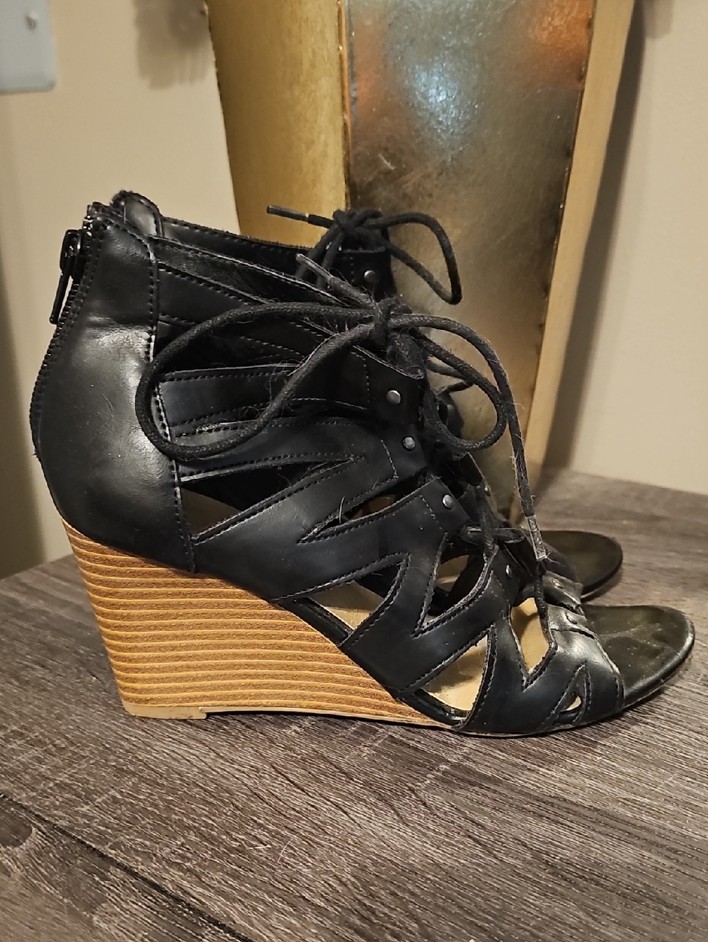 Black Lace-Up Wedge Sandals - Women